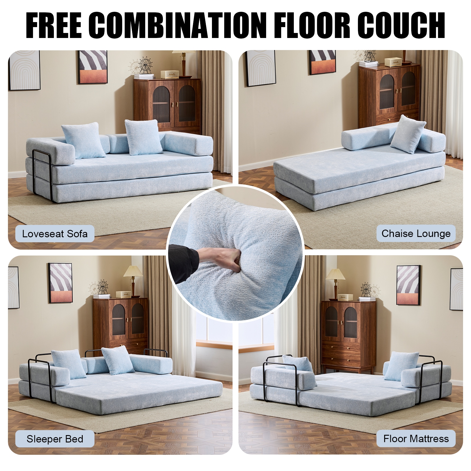 Floor Couch,Compression Sofa,Convertible Floor Sofa Bed-with Pillow Back Support Armrest,Comfy Futon Couch Lounge Sleeper Bed (Light-Blue)_voghion.com